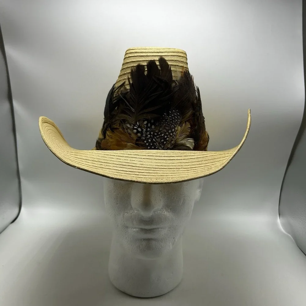Straw Cowboy Hat Laredo Texas Western Beige Feather Hat Band Mens Womens 6 7/8